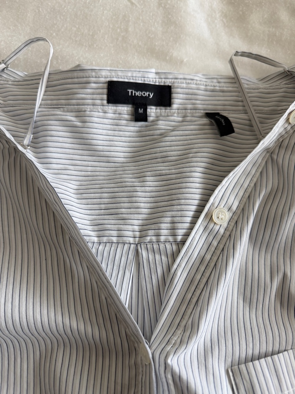 Theory White Button-Down Shirt with Black Pinstripes off the shoulder style